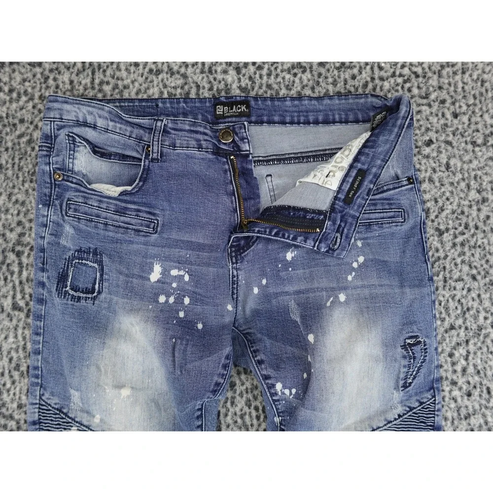 Black Premium Moto Skinny‎ Jeans Mens 34 Blue Good Distressed Paint Splatter